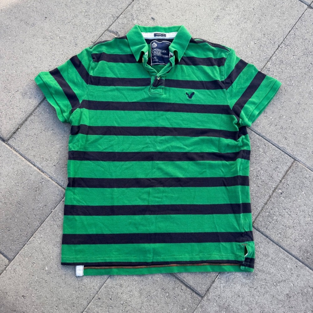 American Eagle Mens Large Athletic Fit Striped Polo Shirt Green Navy Blue Logo
